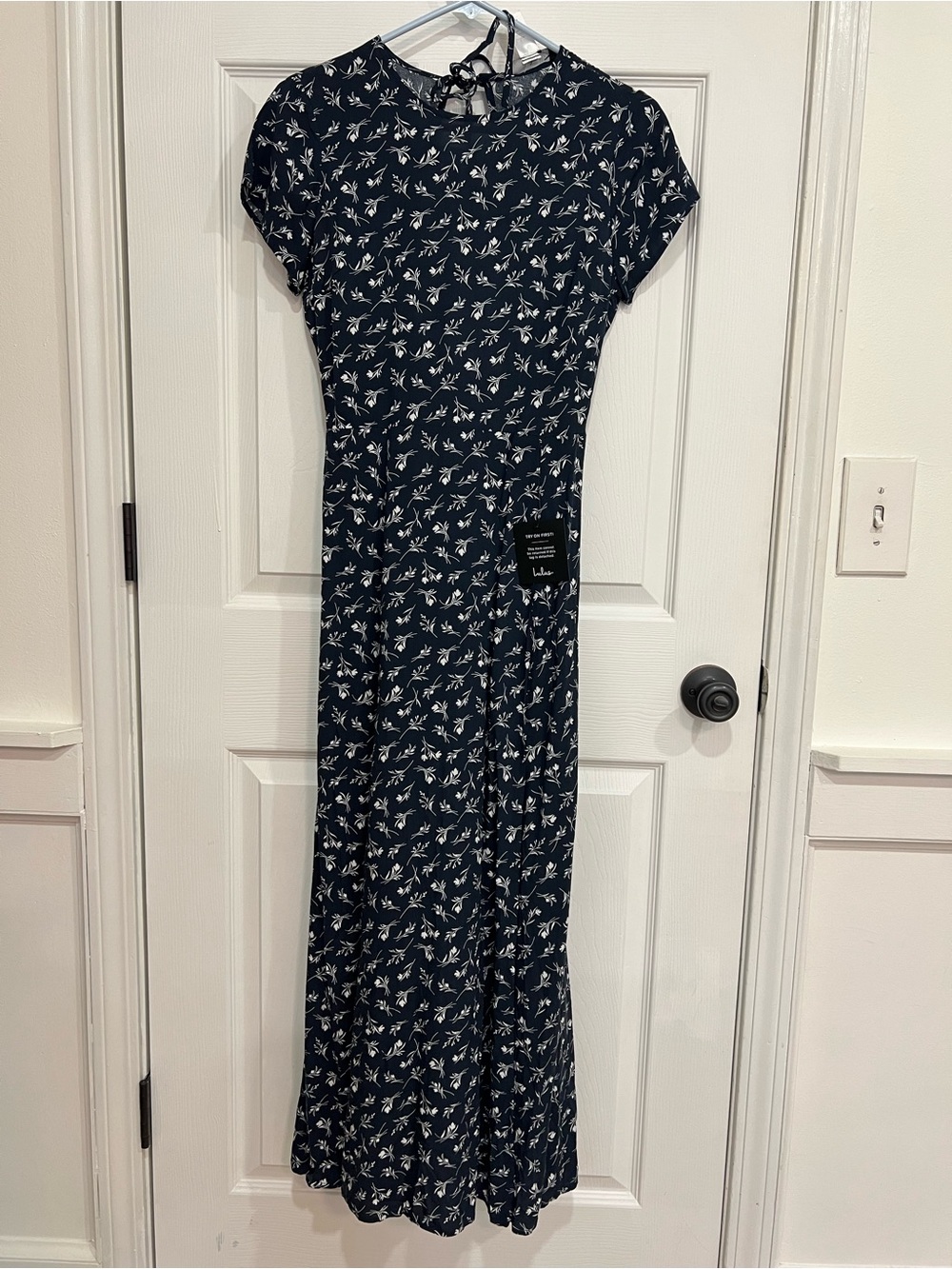 Luluβs Navy Dress with Cap Sleeves and open back